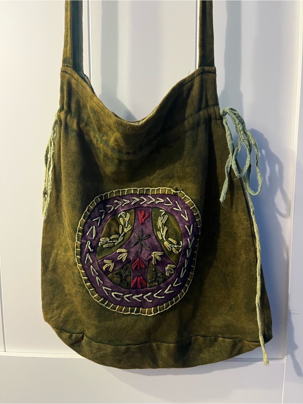 Olive Green Embroidered Peace-Emblem Shoulder Bag